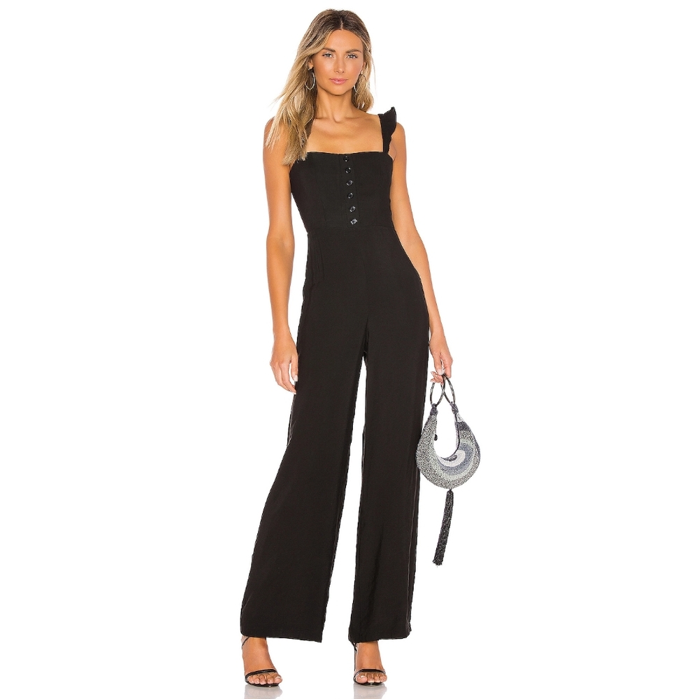 PRIVACY PLEASE NWT Womens Mojave Jumpsuit in Black Ruffle Trim Detail Size S